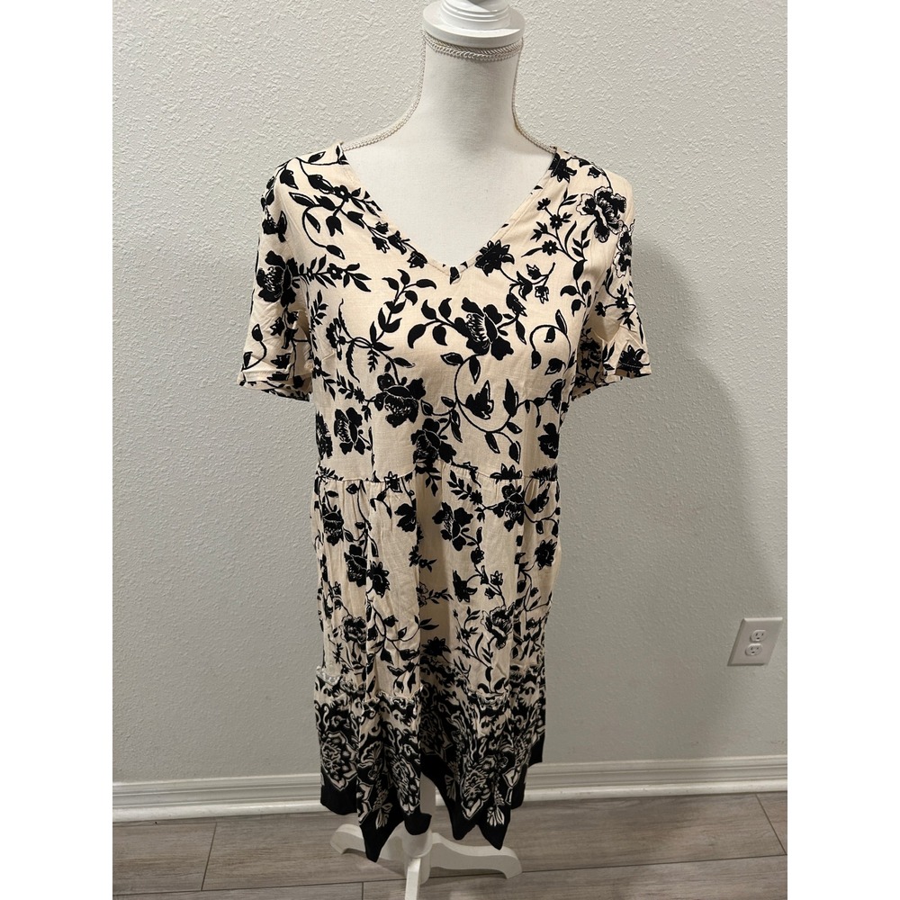 Lucky Brand Women Black Floral V-Neck Tiered Mini Dress Large Lightweight NEW